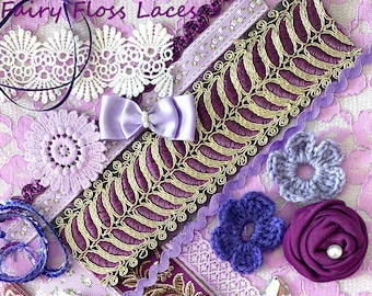 30+ pcs kit embellishment pack assortment of laces trims fabrics textures junk journal slow stitching mixed media collage - Purple