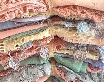 Mystery Bundle 30+ pcs kit assortment of laces and trims vintage junk journal slow stitching mixed media collage - Pastels / shabby chic