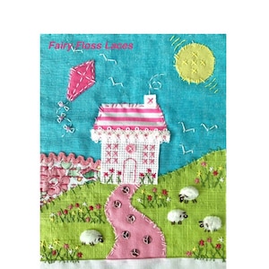 Slow stitch stitch kit mit anleitung und schnittmuster rohrand gemmen daniel quilt stoff kit collage spitzenborte wandkunst pinkes häuschen digitaler download