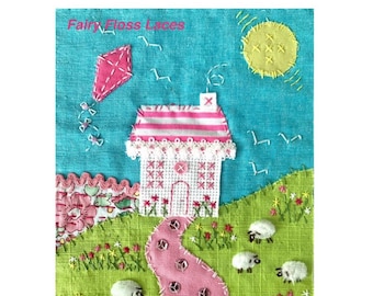Slow stitch kit with instructions & patterns raw edge applique quilt fabric kit collage lace trims wall art Pink cottage digital download