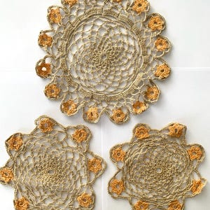 3 sweet Vintage matching crochet doilies mandala home decor - cream with peach flowers