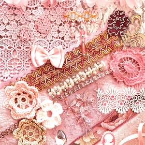 30+ Stück Pink Kit Sortiment von Spitzenborten Inspiration Pack Fabric Art Junk Journal Slow Stitching Mixed Media Textil Collage Crazy Quilt