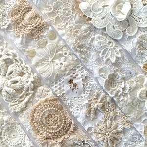 Delizioso rotolo di pizzo cucito a mano, 30" di pizzo, shabby chic, collage di cucito lento e consapevole, lacci e rifiniture in tessuto - Neutri