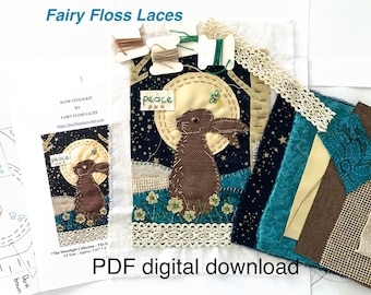 Digital download: patterns & instructions for slow stitch kit fabric collage textile art raw edge hand embroidery - Hare dragonfly