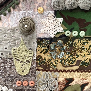 Militärarmee-Kit-Bündel langsam nähen Textilkunst Stoff Textur Quilten Sortiment von Spitze und Borte Junk Journal handgefertigtes grünes Bündel