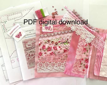 Digital download: patterns & instructions for slow stitch kit fabric collage textile art quilt pattern raw edge hand embroidery pink bird
