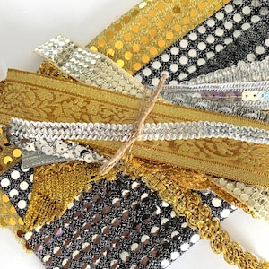 Diário de sucata, costura lenta, pacote Bling Gold & Silver com mais de 15 peças, acabamentos, texturas, colagem de mídia mista, tecidos, enfeites e têxteis