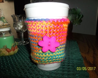 Hand Knitted Rainbow Colored Coffee Cup Cozy