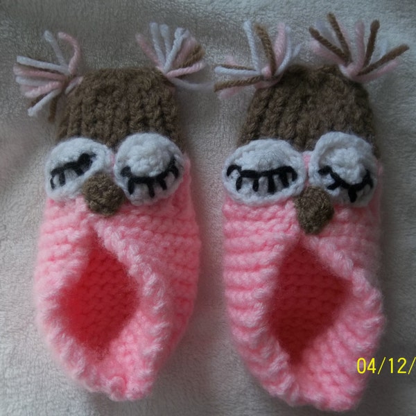 Pink/Brown Owl Knitted Slippers-Teens Or Adults Size 7.5