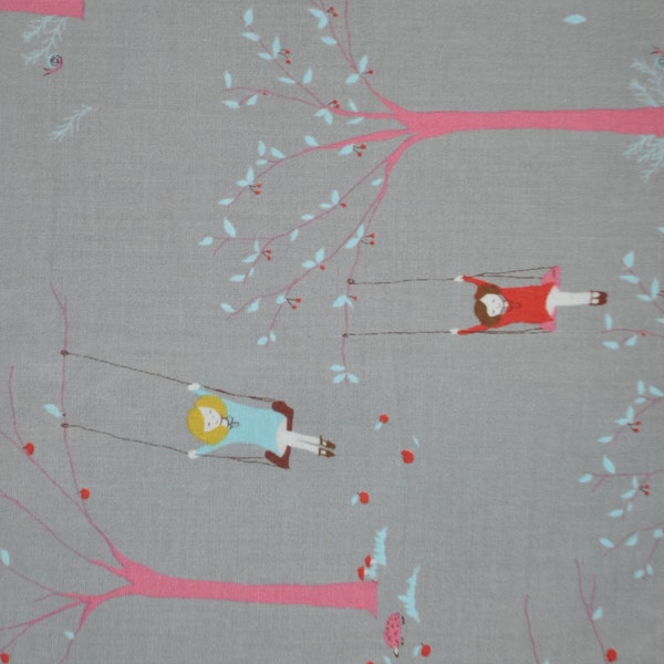 Sherbet Pips Girl on Tree Swing Grey - Aneela Hoey - Cotton Fabric