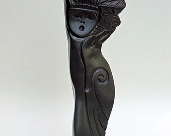 Minimalist sculpture, black slate Raven girl