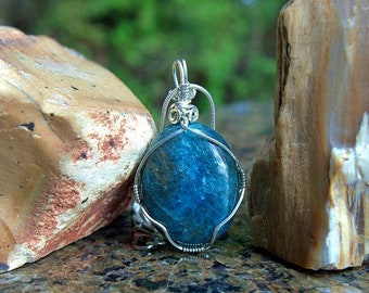Blue Apatite pendant silver wire wrapped natural mineral oval shape gemstone with necklace