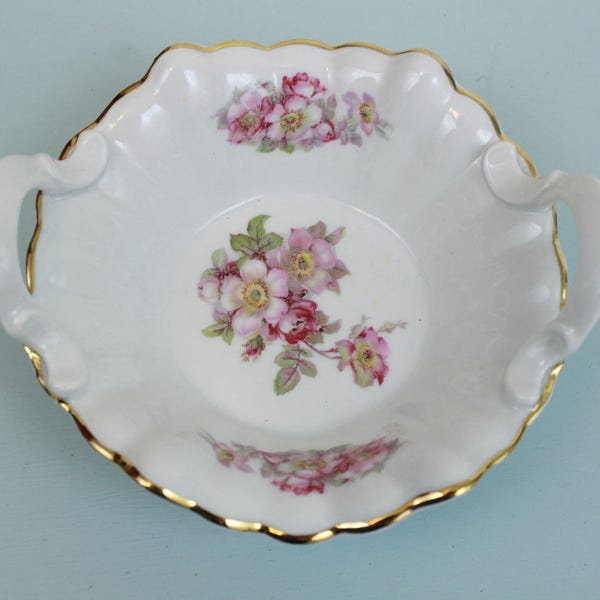 Gerold Porzellan, Vintage Dish, Ring Dish, Candy Dish, Tettau Bavaria, Made in West Germany, 2 Handles, Pink Wild Roses with Gold Trim