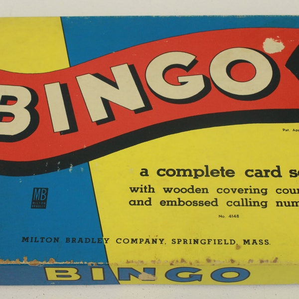 Bingo Game, Copyright 1939, Complete Card Set with Wooden Covering Counters & Embossed Calling Numbers, Milton Bradley Company, No. 4148