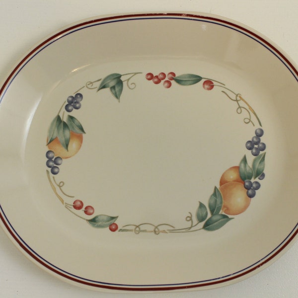 Corelle by Corning, Abundance, Oval Serving Platter, 12", Measures 12-1/4" Across, Fruit Design on Ivory, Blue and Red Bands, Replacement