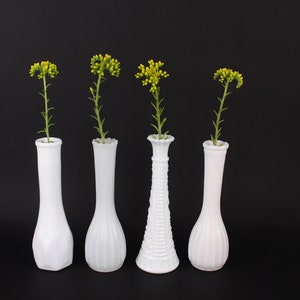 4 Milk Glass Bud Vases, Set of 4 White Vases, Tall Milk Glass Vases, Party Vases, Shower Decor, Wedding Decor