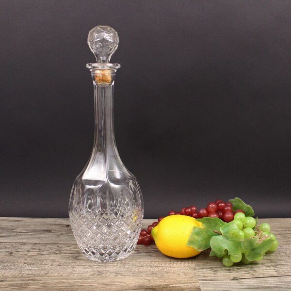 Clear Glass Bottle with Stopper, 13-3/4" Tall, Vintage Decanter with Cork Stopper, Barware, Retro, for Alcohol, Liquor, Empty, Diamond Cut