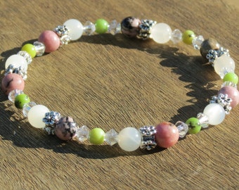 Rhodonite, Moonstone and Chrysoprase Healing Stone Bracelet or Anklet with Positive Healing Energy!