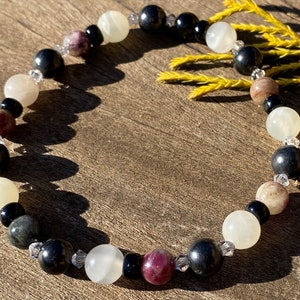 Shungite, Watermelon Tourmaline and Moonstone Healing Stone Bracelet or Anklet with Positive Energy!