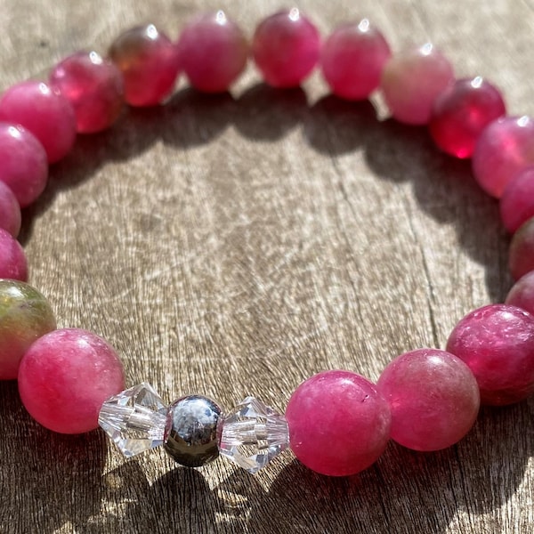 Watermelon Tourmaline 8mm, Healing Stone Bracelet or Anklet with Positive Energy!