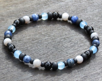 Boy&#39;s Survival, Gray Agate, Black Tourmaline, Blue Chalcedony and Sodalite Protection Healing Stone Bracelet or Necklace!