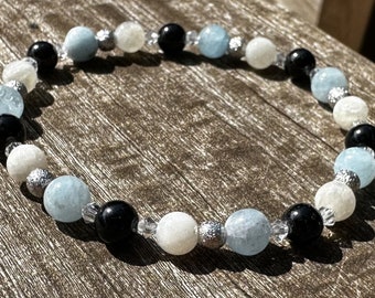 Women's PISCES POWER Healing Stone Bracelet or Anklet with Aquamarine, Moonstone & Black Tourmaline!