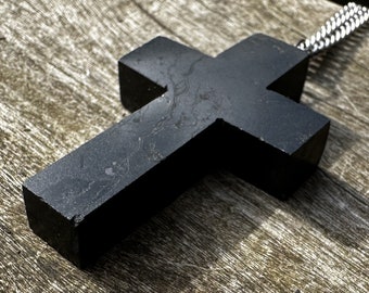Unisex Black Tourmaline Carved Cross Healing Stone Necklace with Positive Energy!