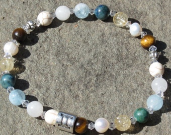 Womens Gemini Power Chakra Healing Bracelet or Anklet with Tigers Eye,Pearls,Citrine,Chrysocolla,Aquamarine, Rutilated Quartz and Magnesite!