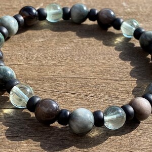 Aries Men&#39;s Power 8mm, Healing Stone Bracelet or Anklet with Silver-Sheen Obsidian, Chrysoberyl and Green Fluorite with Positive Energy!