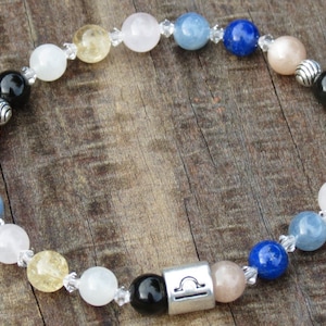Women&#39;s Libra Power Chakra Healing Stone Bracelet with Rainbow Obsidian, Moonstone, Citrine, Rose Quartz, Blue Kyanite, Lapis & Sunstone!