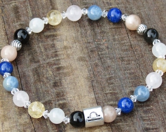 Women's Libra Power Chakra Healing Stone Bracelet with Rainbow Obsidian, Moonstone, Citrine, Rose Quartz, Blue Kyanite, Lapis & Sunstone!