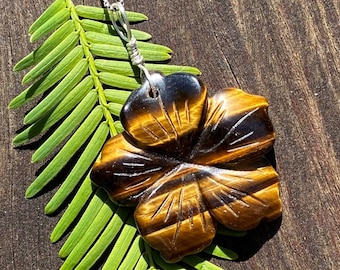 Tigers Eye Carved Flower, Healing Stone Necklace with Positive Healing Energy!