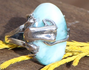 Larimar 925 Silver Frog Healing Stone Ring, Size 7 with Positive Healing Energy!