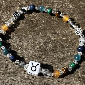 Girl&#39;s Taurus Power Chakra Bracelet or Necklace with Clear Quartz, Carnelian, Tigers Eye, Malachite, Kyanite, Lapis & Tourmilated Quartz!
