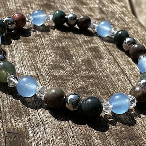 Blue Chalcedony, Moss Agate & Ocean Jasper Healing Stone Bracelet or Anklet with Positive Healing Energy!