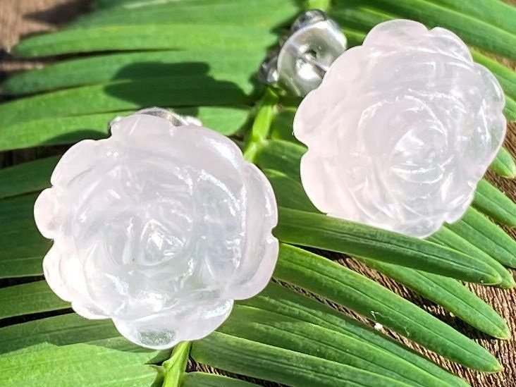 Self-love, Rose Quartz Carved Rose Healing Stone Earrings With