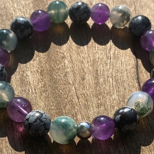 Women&#39;s VIRGO POWER Healing Stone 8mm, Bracelet or Anklet with Amethyst, Moss Agate and Snowflake Obsidian!