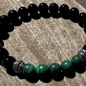 Unisex Natural Malachite & Black Agate Healing Stone Mala Bracelet or Anklet!