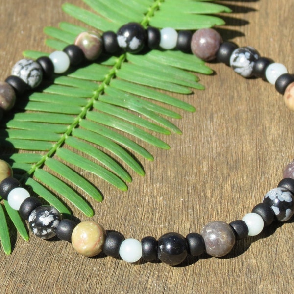 VIRGO MEN'S POWER Healing Stone Bracelet or Anklet with Ocean Jasper, Amazonite & Snowflake Obsidian with Positive Healing Energy!