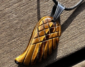 Tigers Eye Carved Angel Wing, Stainless Steen Bale, Healing Stone Necklace with Positive Healing Energy!