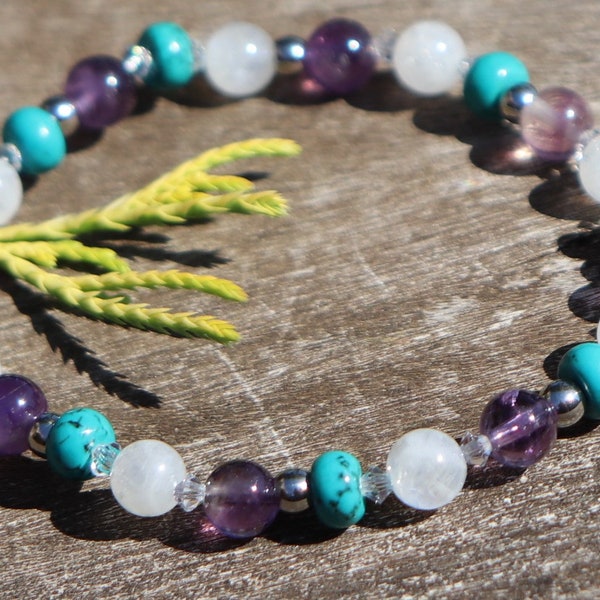 Women's PISCES POWER Healing Stone Bracelet or Anklet with Amethyst, Moonstone and Turquoise!