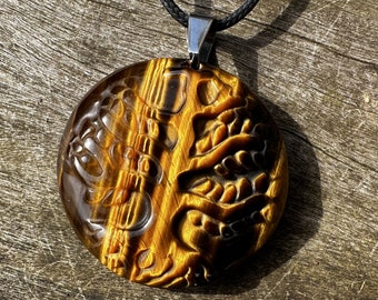 Tigers Eye Carved Tree of Life, Healing Stone Necklace with Positive Healing Energy!