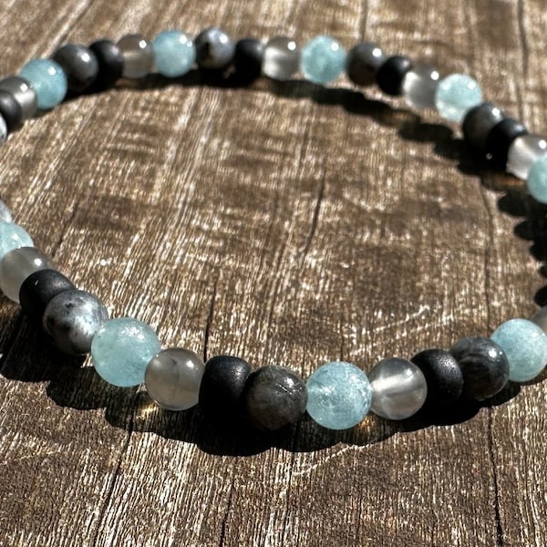 AQUARIUS BOY'S POWER Healing Stone Bracelet or Anklet with Aquamarine, Gray Moonstone and Larvikite!