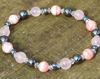Rose Quartz, Rhodochrosite and Hematite/Magnetite Healing Stone Bracelet or Anklet with Positive Healing Energy!