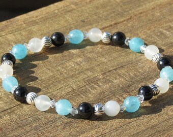 Women's LIBRA POWER Blue Sponge Quartz, Moonstone and Black Tourmaline Healing Stone Bracelet or Anklet!