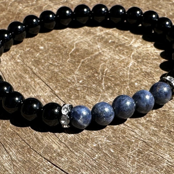 Blue Sapphire and Onyx Healing Stone Bracelet or Anklet with Positive Healing Energy!