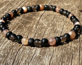 Weegschaal Boy's Power Healing Stone-armband met rookkwarts, zonnesteen en regenboogobsidiaan!