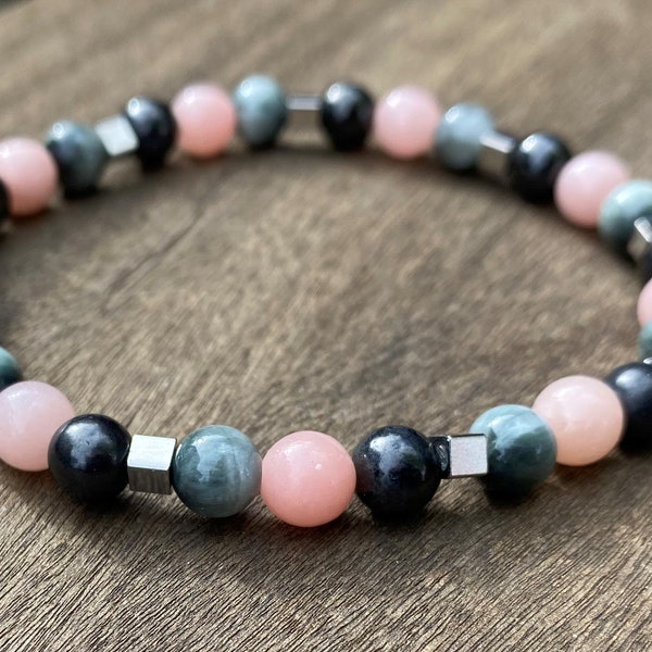 Shungite, Pink Opal and Hawks Eye Healing Stone Bracelet or Anklet with Positive Energy!