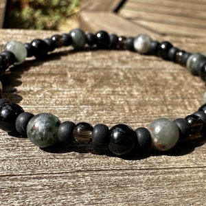 PISCES MEN&#39;S POWER 8mm Healing Stone Bracelet with Bloodstone, Smoky Quartz & Gray Moonstone!