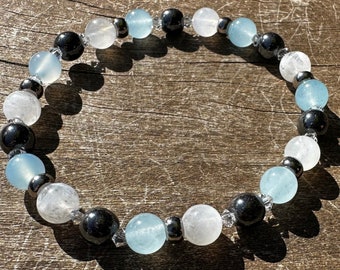 Sleep Tight Blue Chalcedony, Hematite & Moonstone Healing Stone Bracelet or Anklet with Positive Healing Energy!